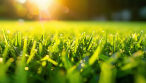 close up image of thick, healthy lawn with lens flare